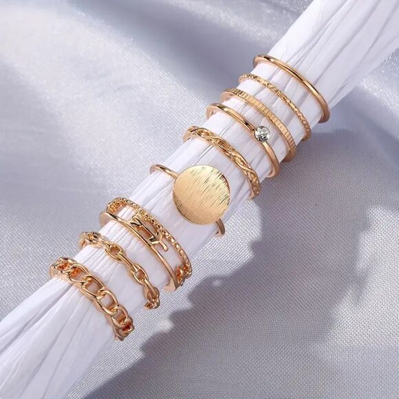 Y2K Retro Punk Geometric Circular Ring Chain 8pc Ring Set, NEW - Picture 3 of 10